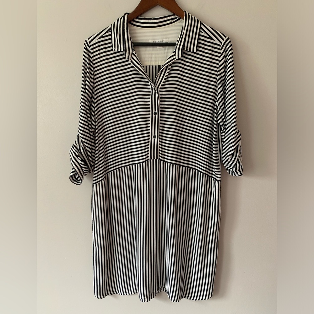 Trenery Black And White Stripe Shift Shirt Dress Button Up Size 14 Modal Casual